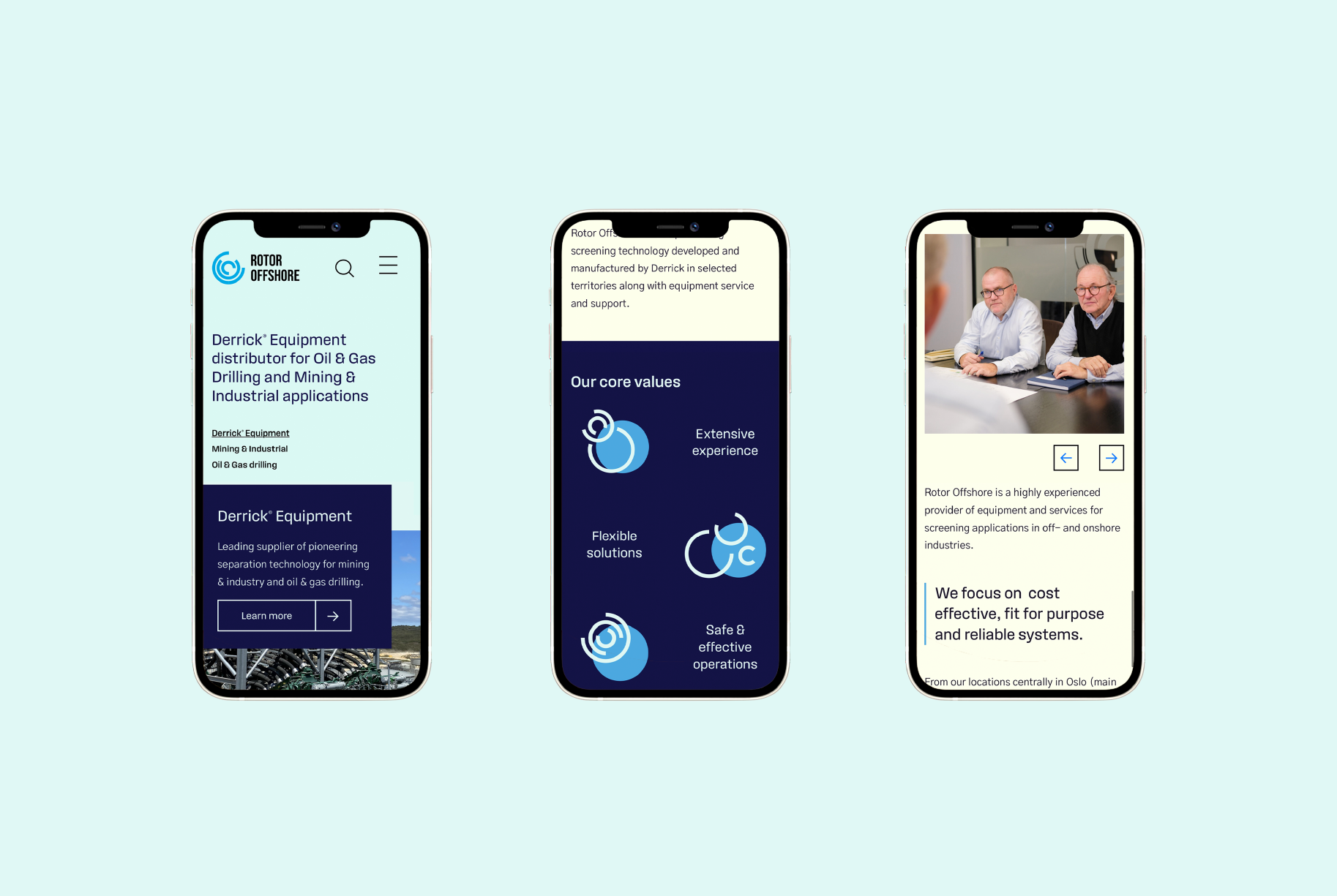 Mockup av tre iPhoner som viser ulike sider på rotoroffshore.no