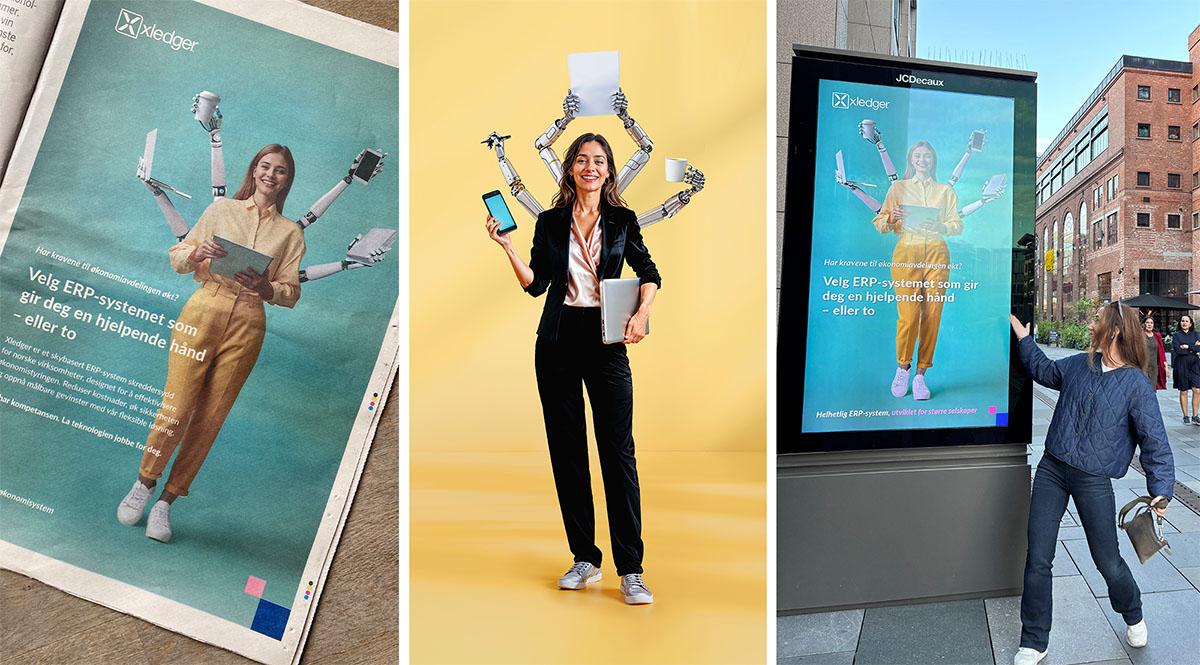 Collage av annonser på trykte og digitale flater for Xledger