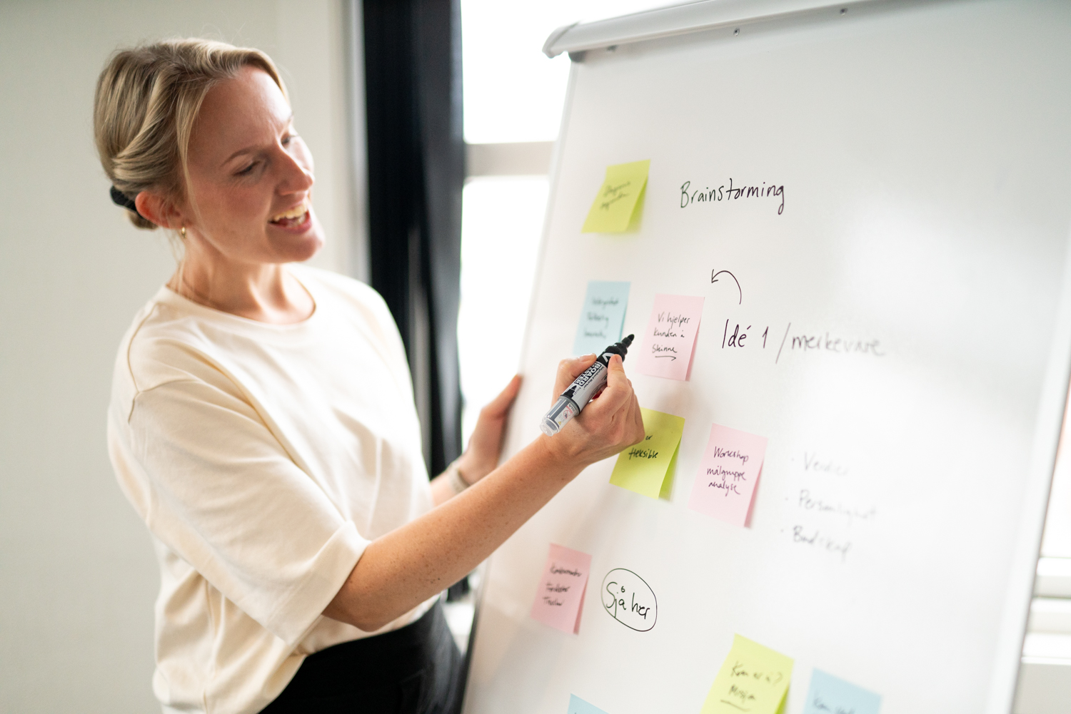 En designer som brainstormer på tavle i en workshop