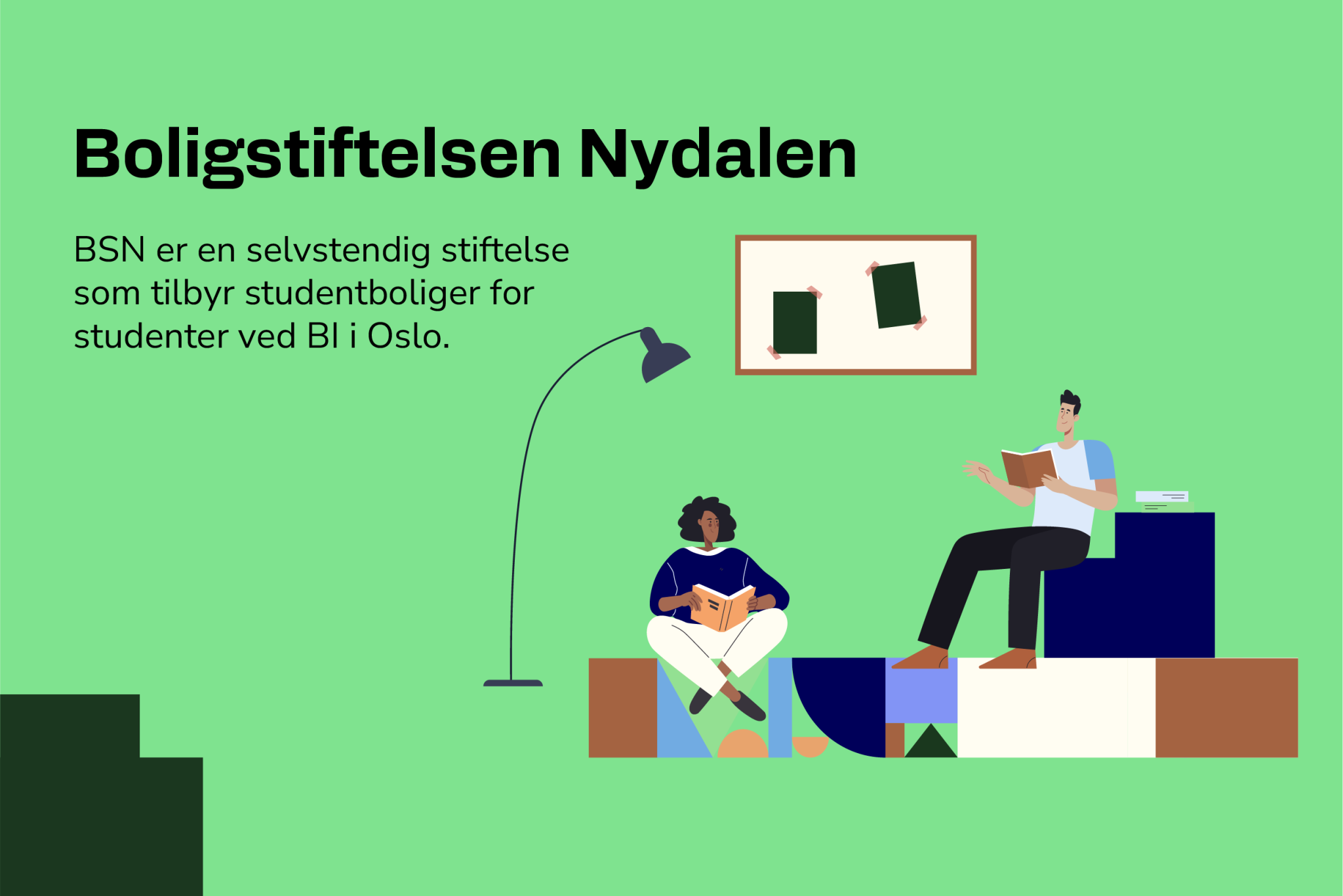 Illustrasjon av to studenter som leser bøker, med tekst ved siden av.