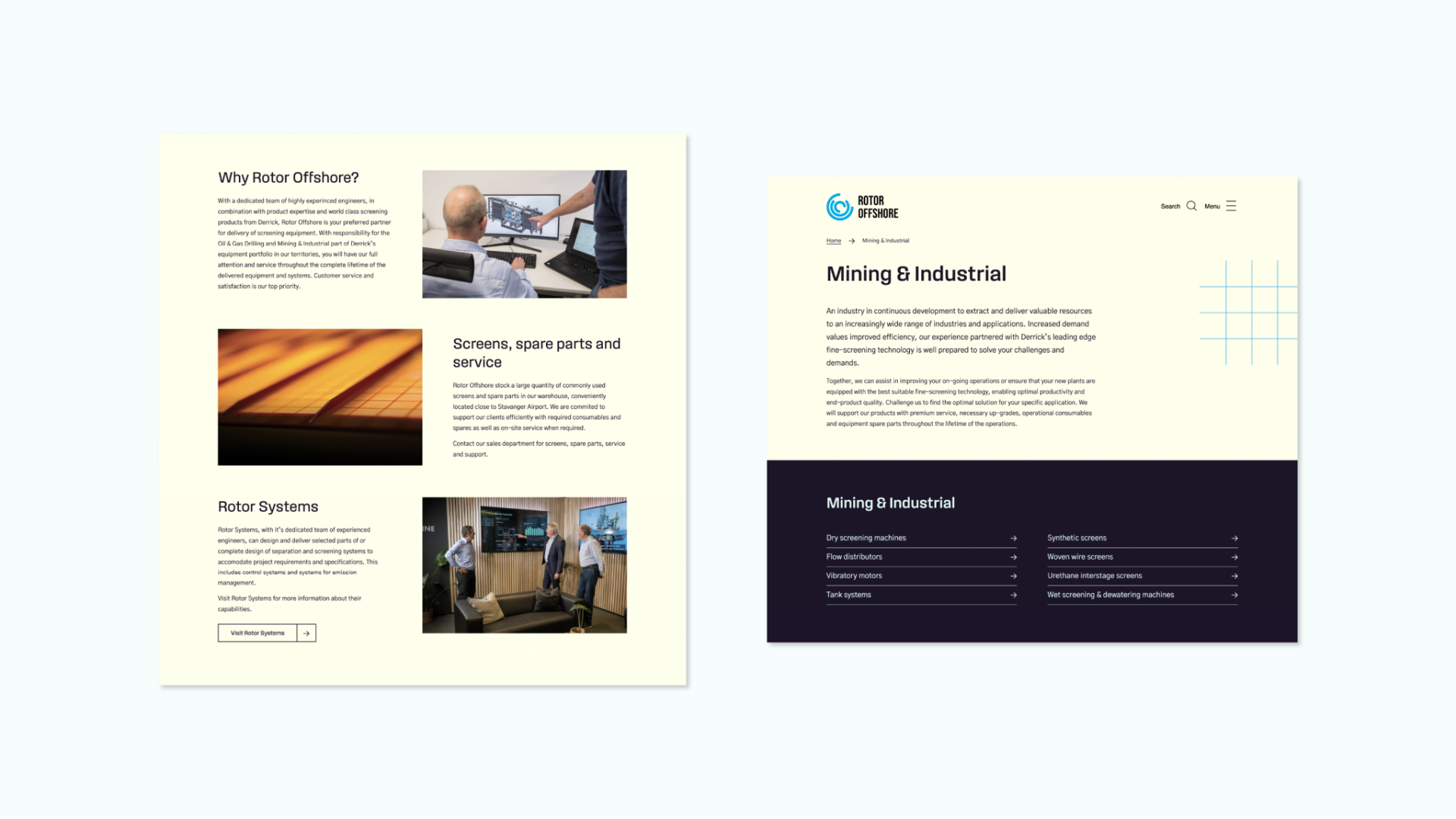 Ulike sider fra Rotor Offshores nettside vist i et samlet webdesign.