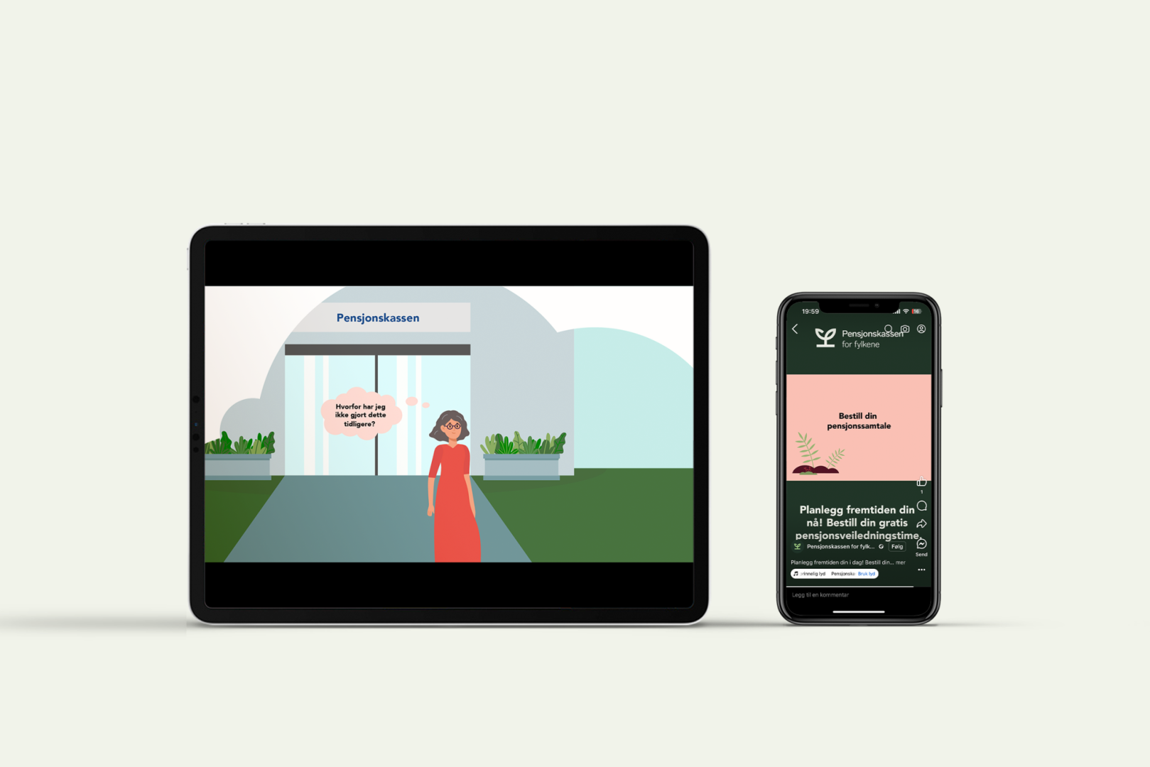 Animasjonsfilmen vist på nettbrett og mobil, med informasjon om pensjonsveiledning.