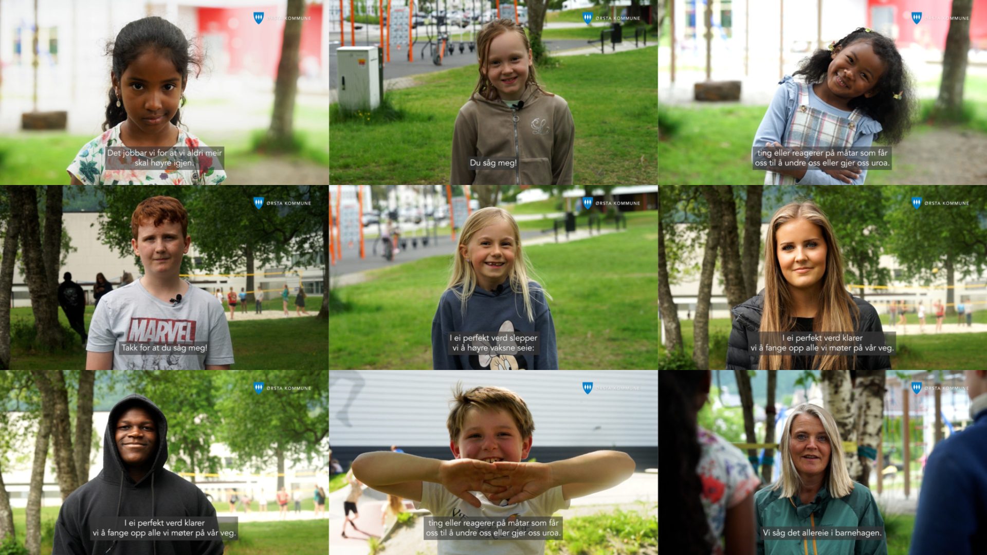 Ni stillbilder fra BTI-filmen med barn, ungdom og ansatte som snakker om å se og følge opp barn og unge.