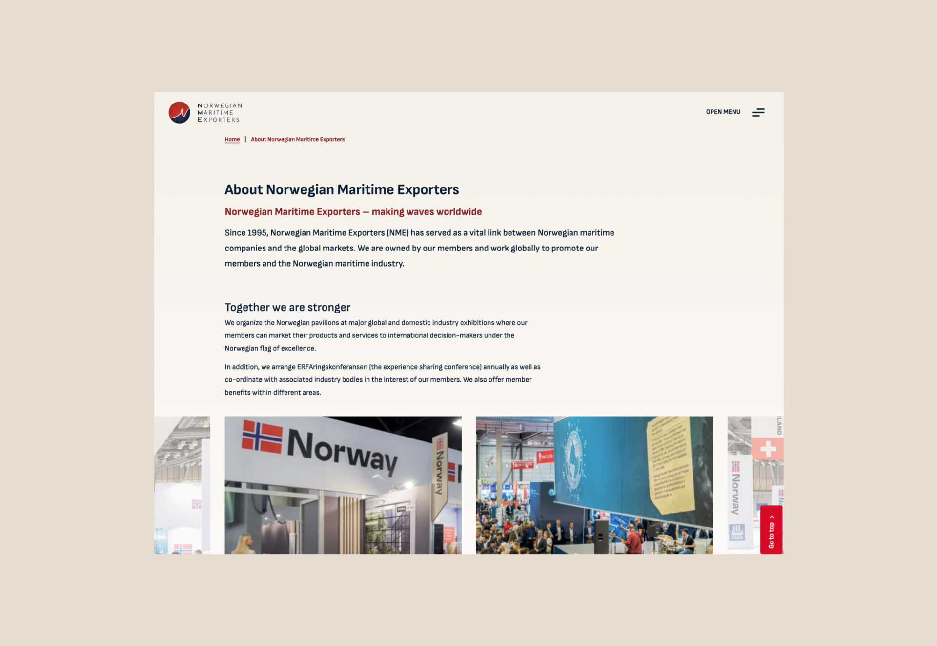 Om oss-siden til Norwegian Maritime Exporters med bilder fra maritime messer