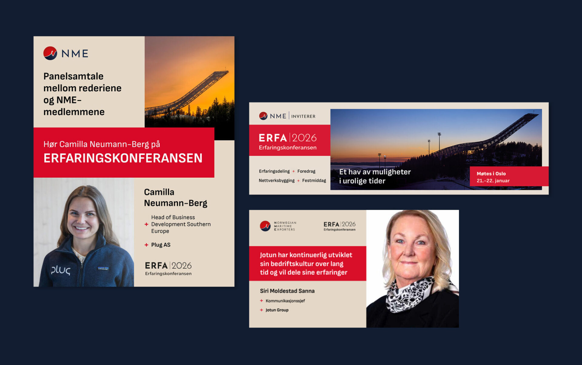Grafisk materiell for Erfaringskonferansen 2026 med foredragsholdere og banner