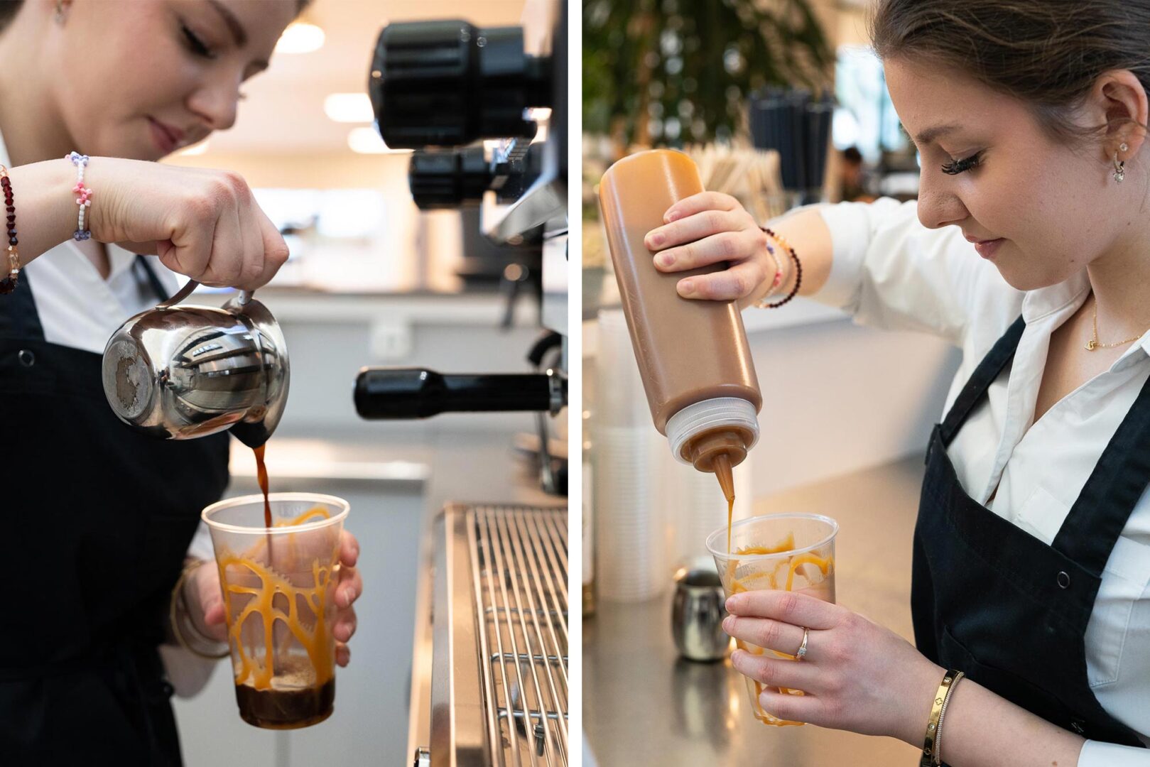 Elev som tilbereder en kaffedrikk med espresso og karamellsaus.