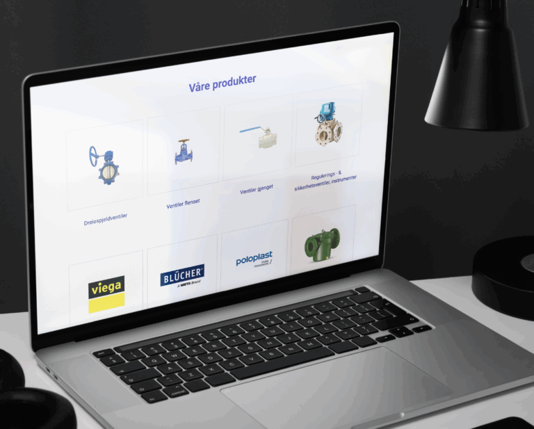 Robinets produktkatalog vist på en laptop
