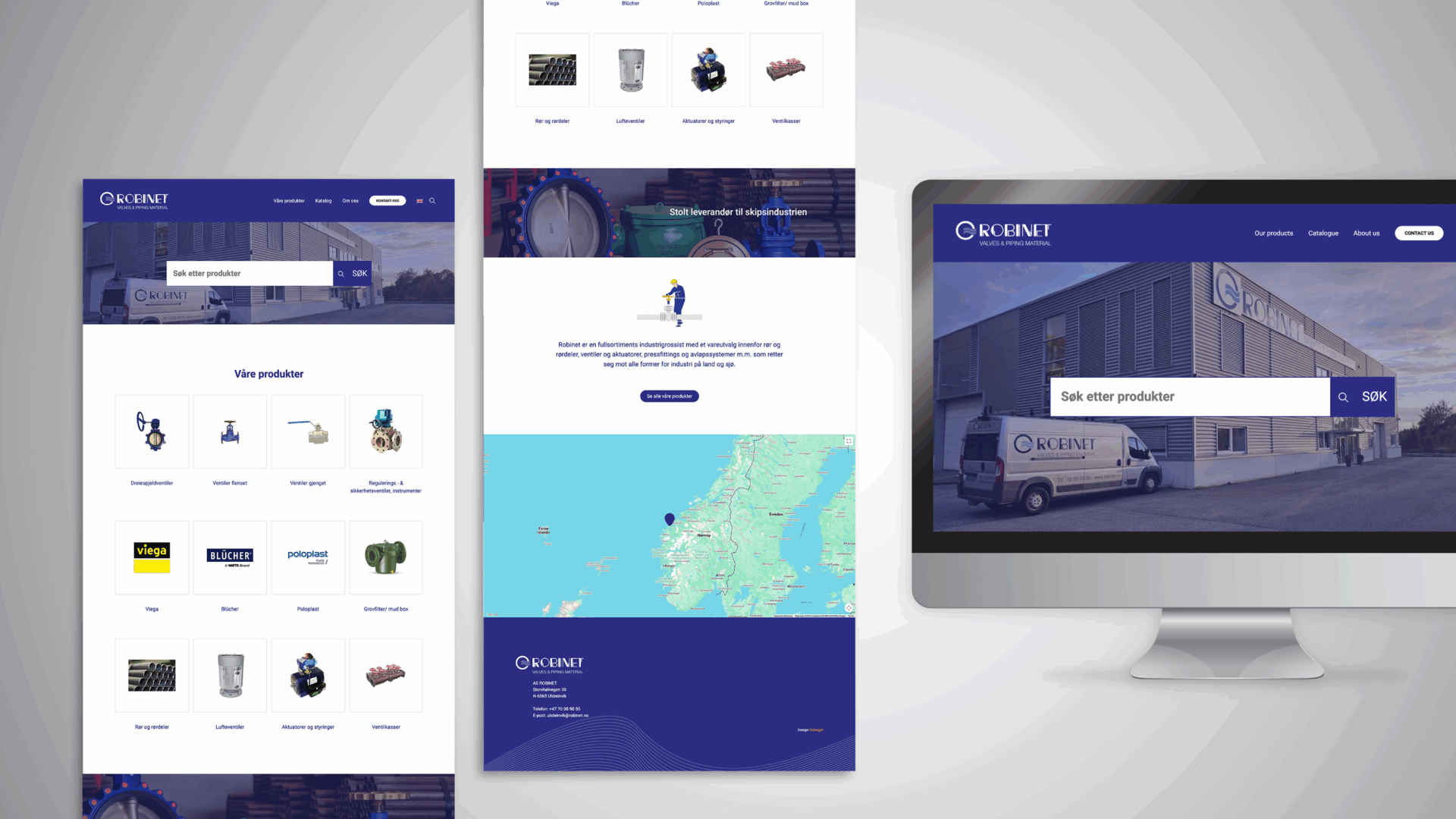 Robinet-nettsiden vist på desktop, med produktsøk, produktkategorier og kontaktinformasjon.