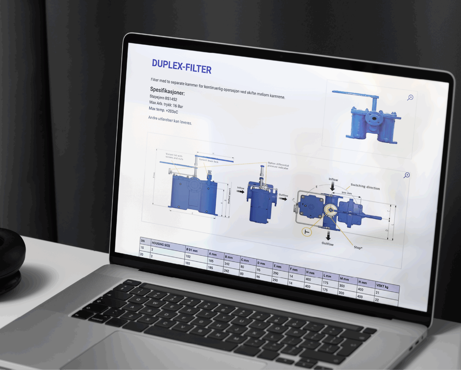 Produktside for duplex-filter i Robinets nettkatalog, med produktbilde, spesifikasjoner og tekniske tegninger.