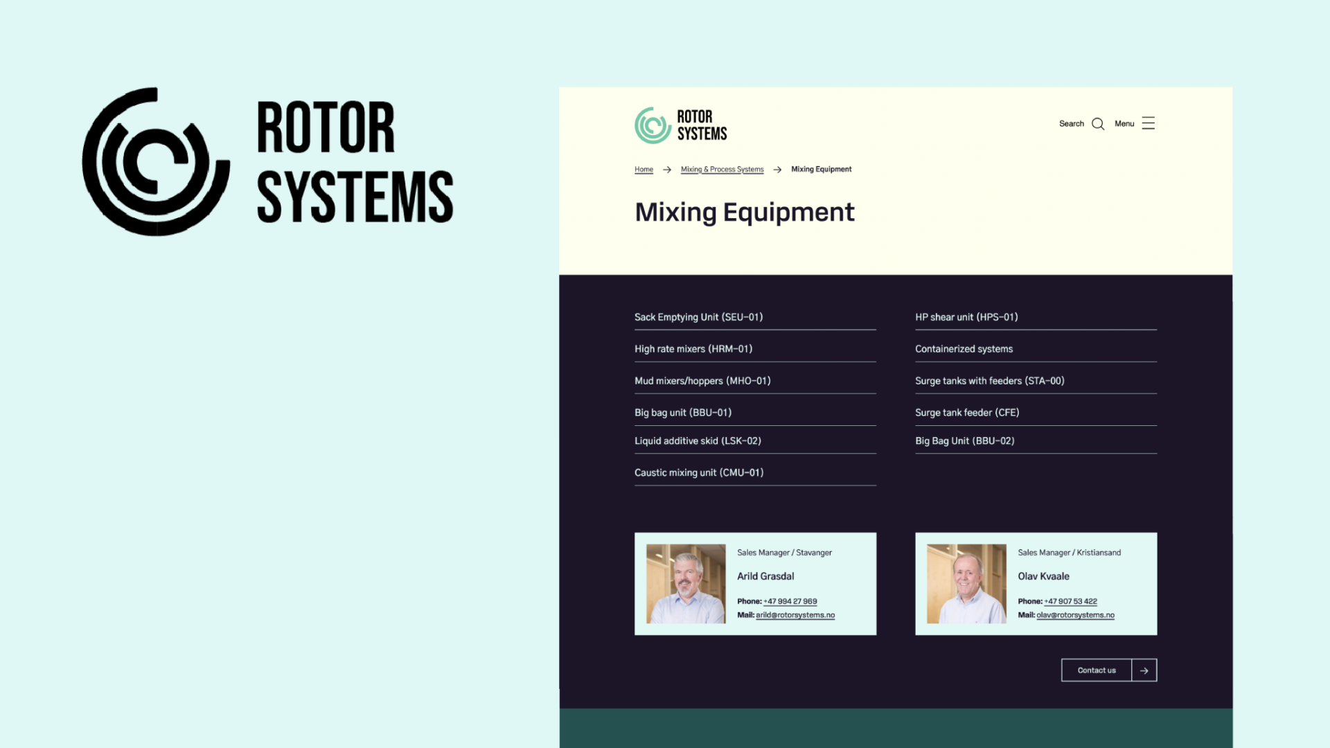 Rotor Systems-logo og nettside med oversikt over utstyr for blandesystemer og kontaktpersoner.