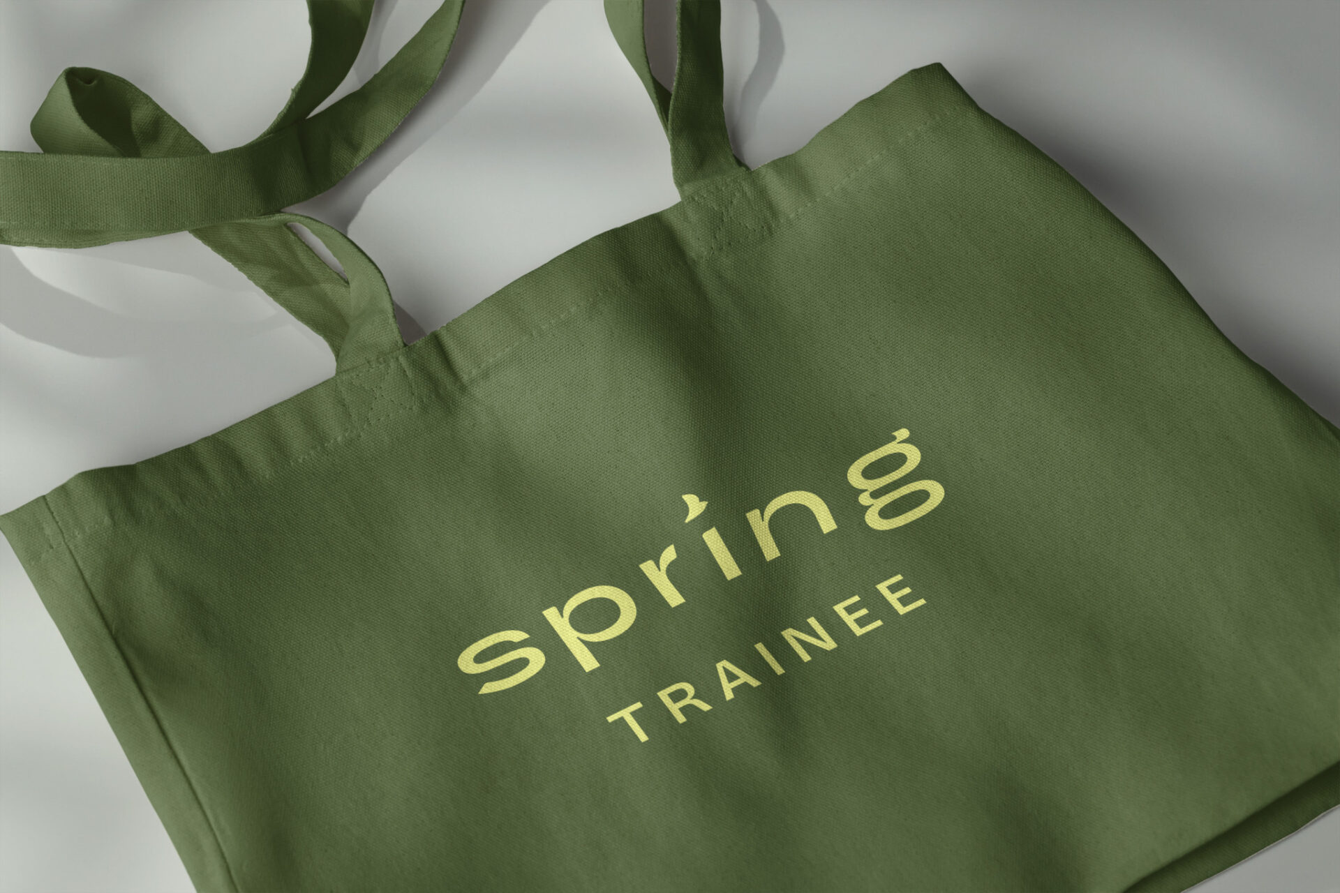 Spring Trainee-logo på grønt handlenett.
