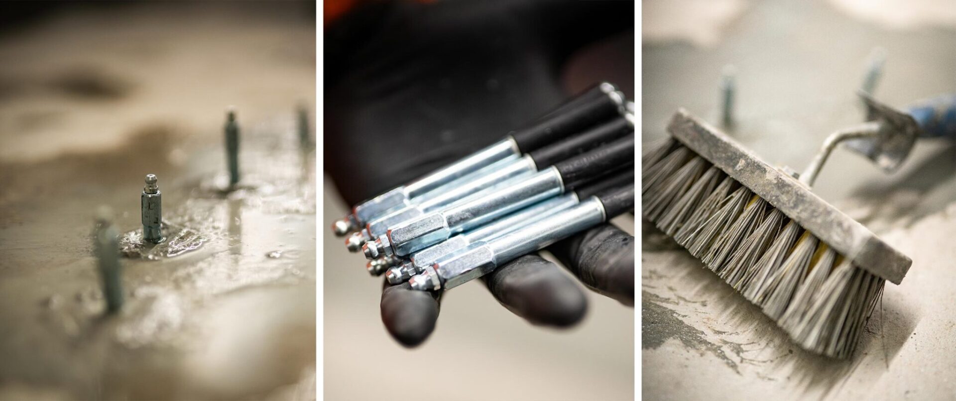 Detaljer av utstyr og materialer brukt til injeksjonsarbeid i betong