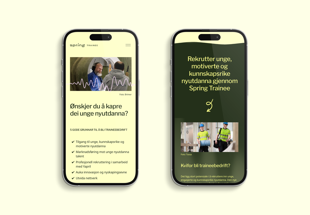 Spring Trainees nettside vist på to mobiler med informasjon til bedrifter som ønsker å rekruttere traineer.