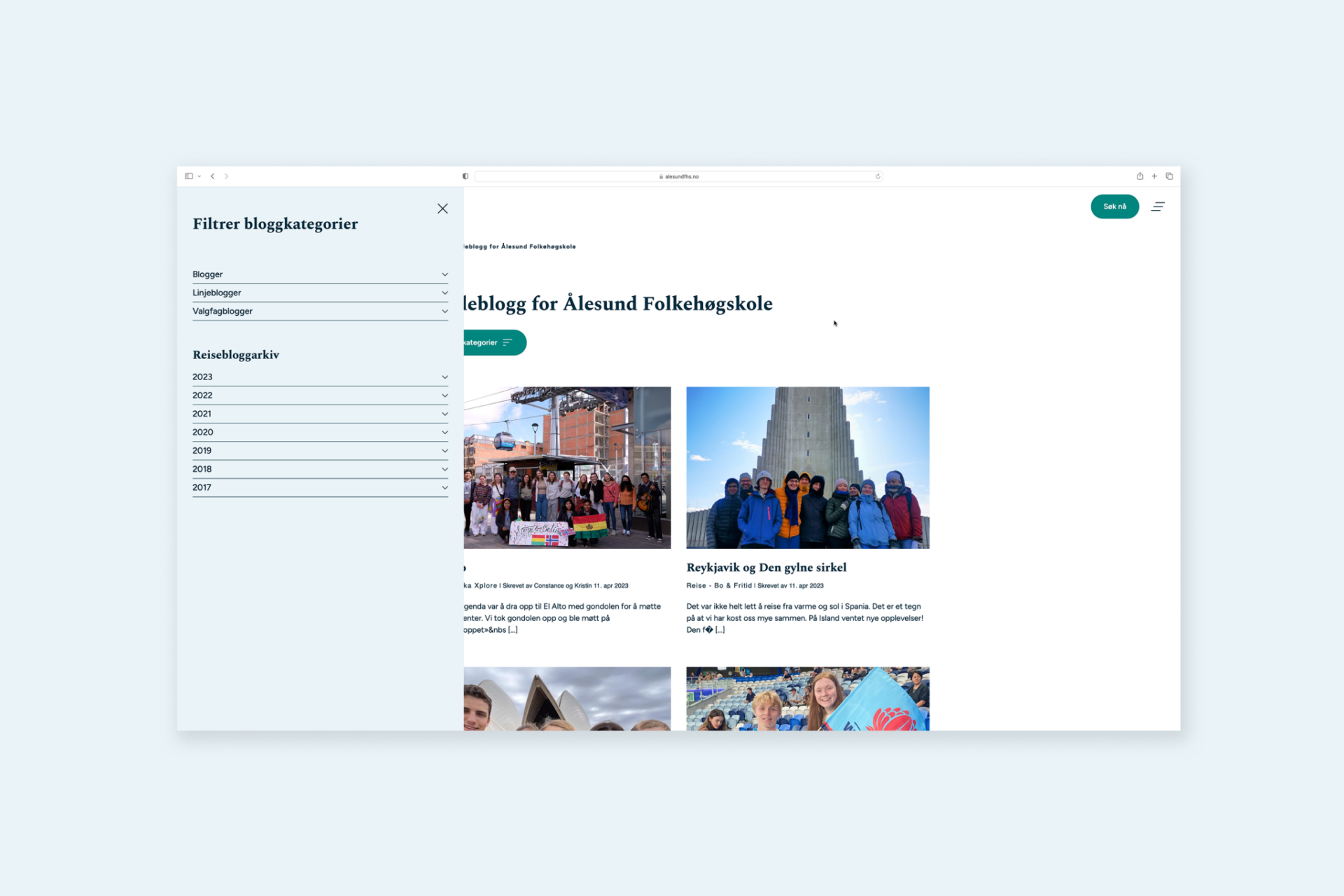 Reisebloggen til Ålesund Folkehøgskole med filtrering av blogginnlegg