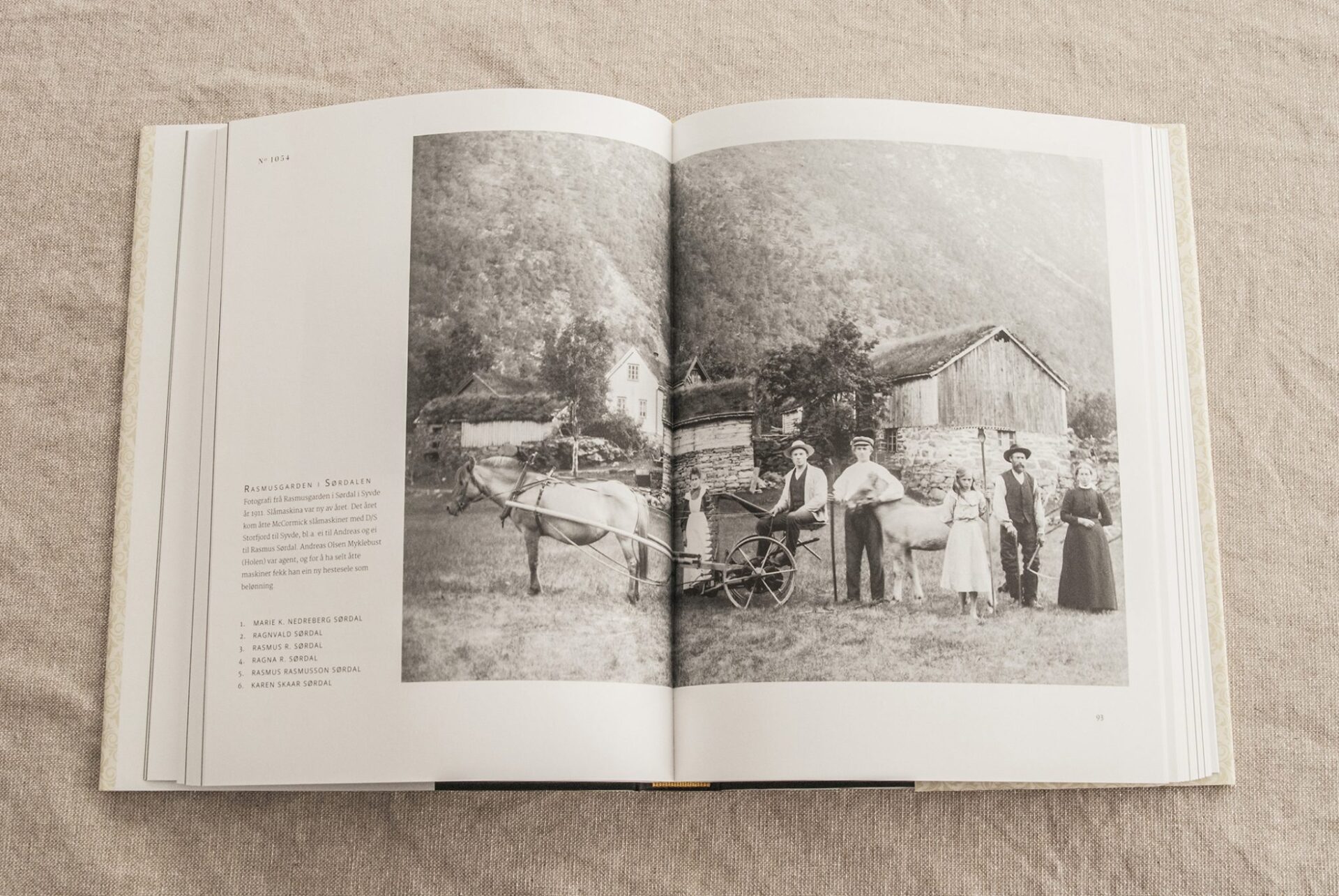 Oppslag i boka med historisk fotografi av mennesker, hest og gårdsbygninger.