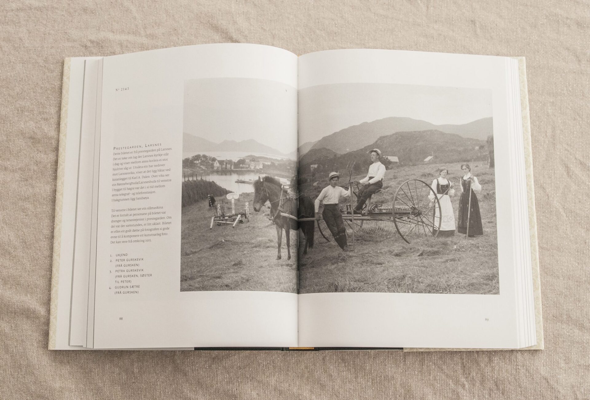 Oppslag i boka med historisk fotografi av mennesker og hest under gårdsarbeid.