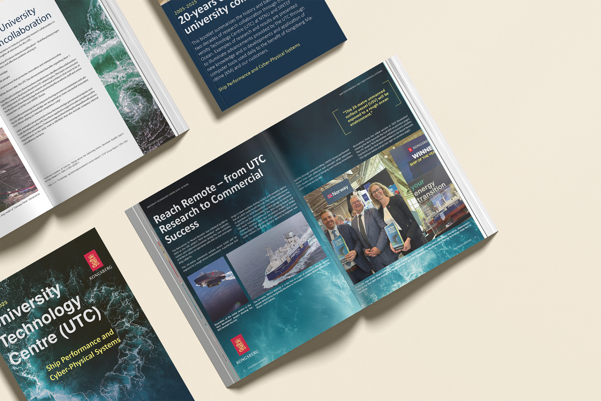 Mockup av Kongsberg Maritimes jubileumsbrosjyre, med forside og flere åpne oppslag om 20 års forskningssamarbeid med Universitetets teknologisenter (UTC), illustrert med bilder av skip, hav og samarbeidspartnere.