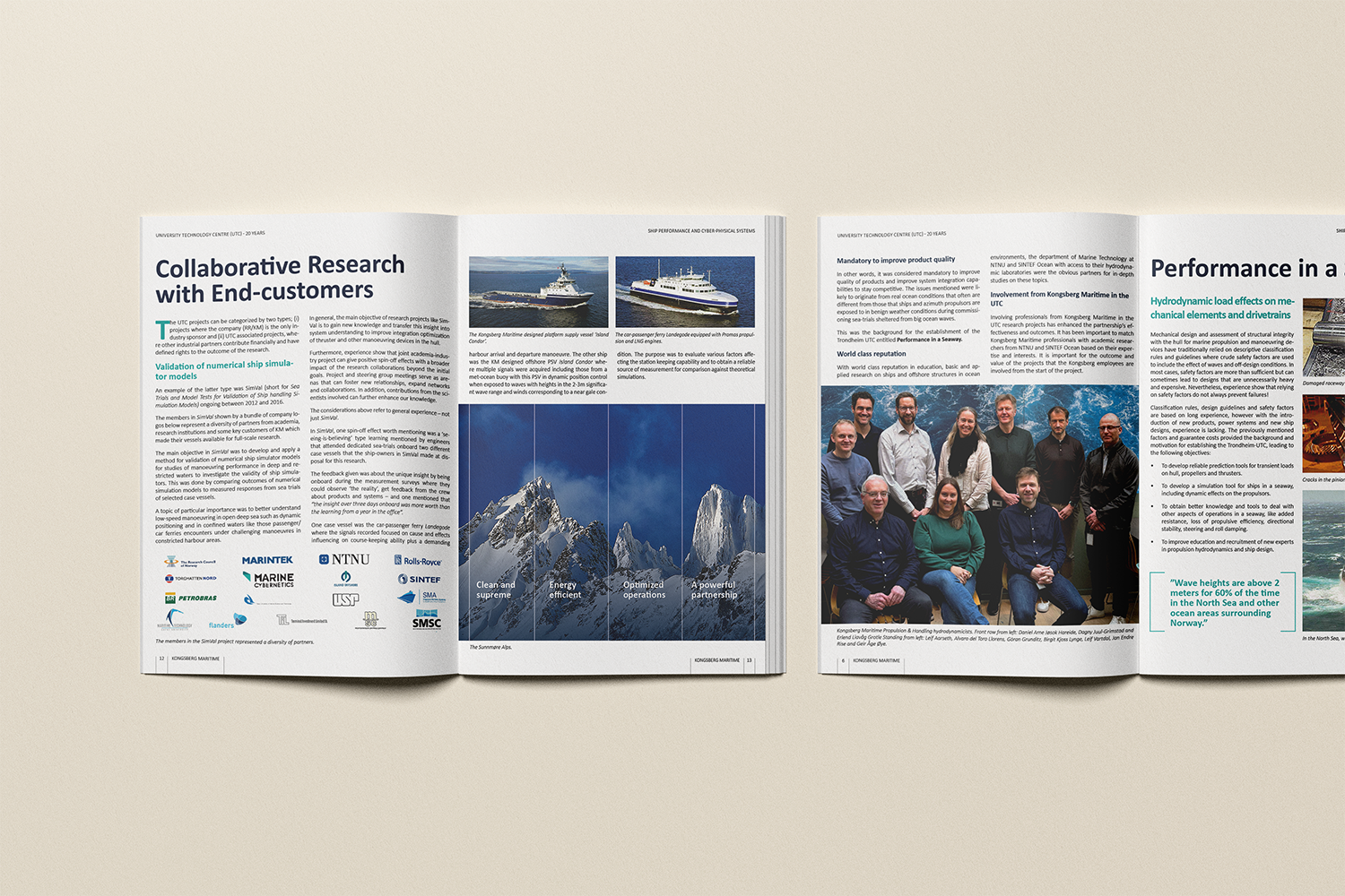 Mockup av jubileumsbrosjyren for Kongsberg Maritime, vist som to åpne magasinoppslag med artikler, bilder av skip, maritim forskning og ansatte.