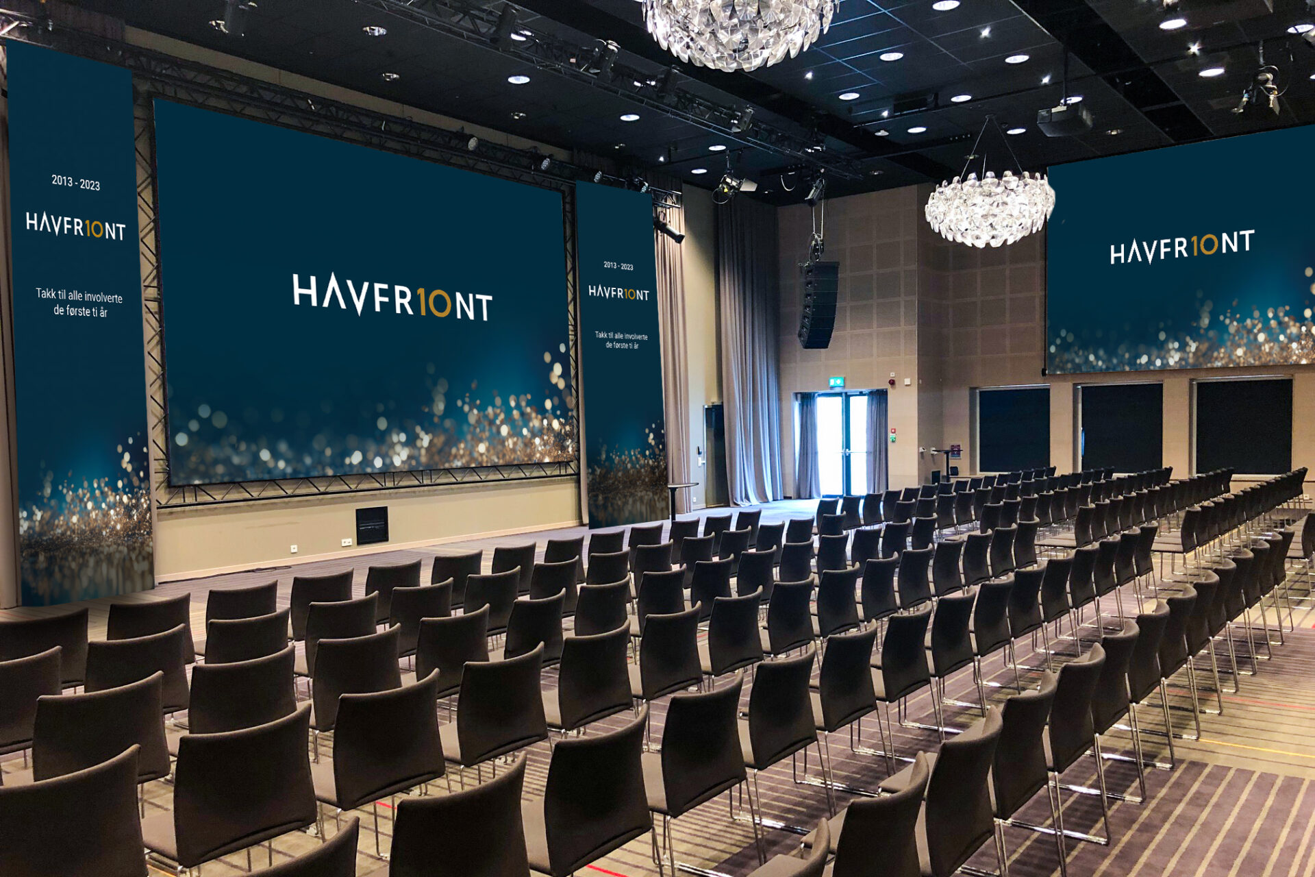 middagssalen med havfront sin logo på stor skjerm i lokalet