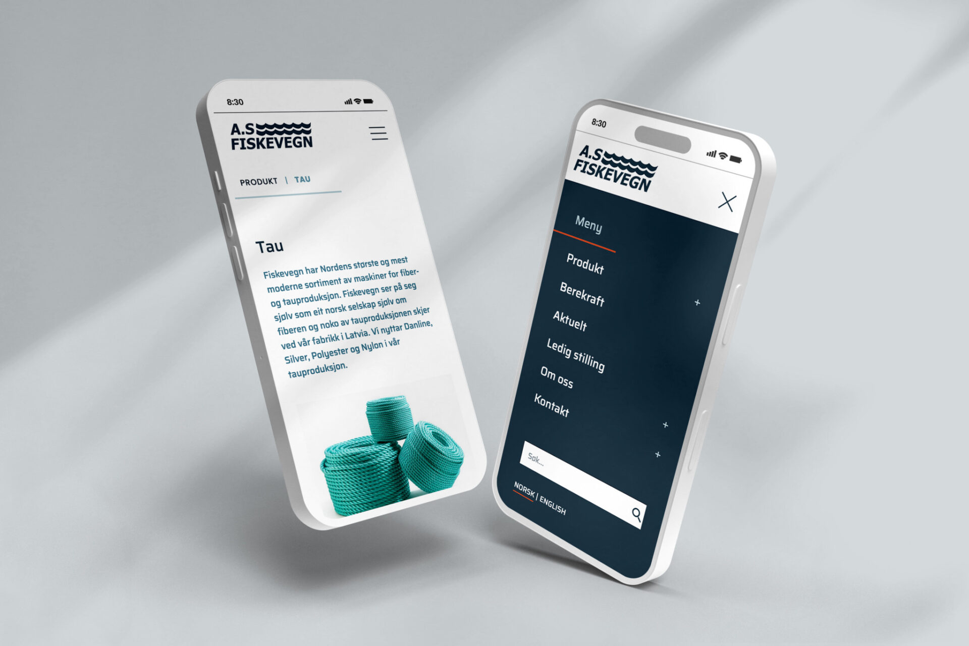 Mockup av Fiskevegns nye nettside på mobil, med produktside for tau og åpen navigasjonsmeny.