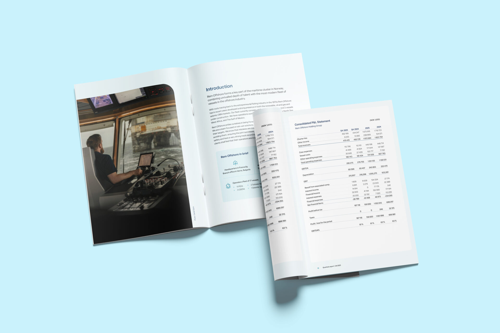Oppslag i Rem Offshores kvartalsrapport med introduksjon, foto fra et fartøy og finansielle nøkkeltall.