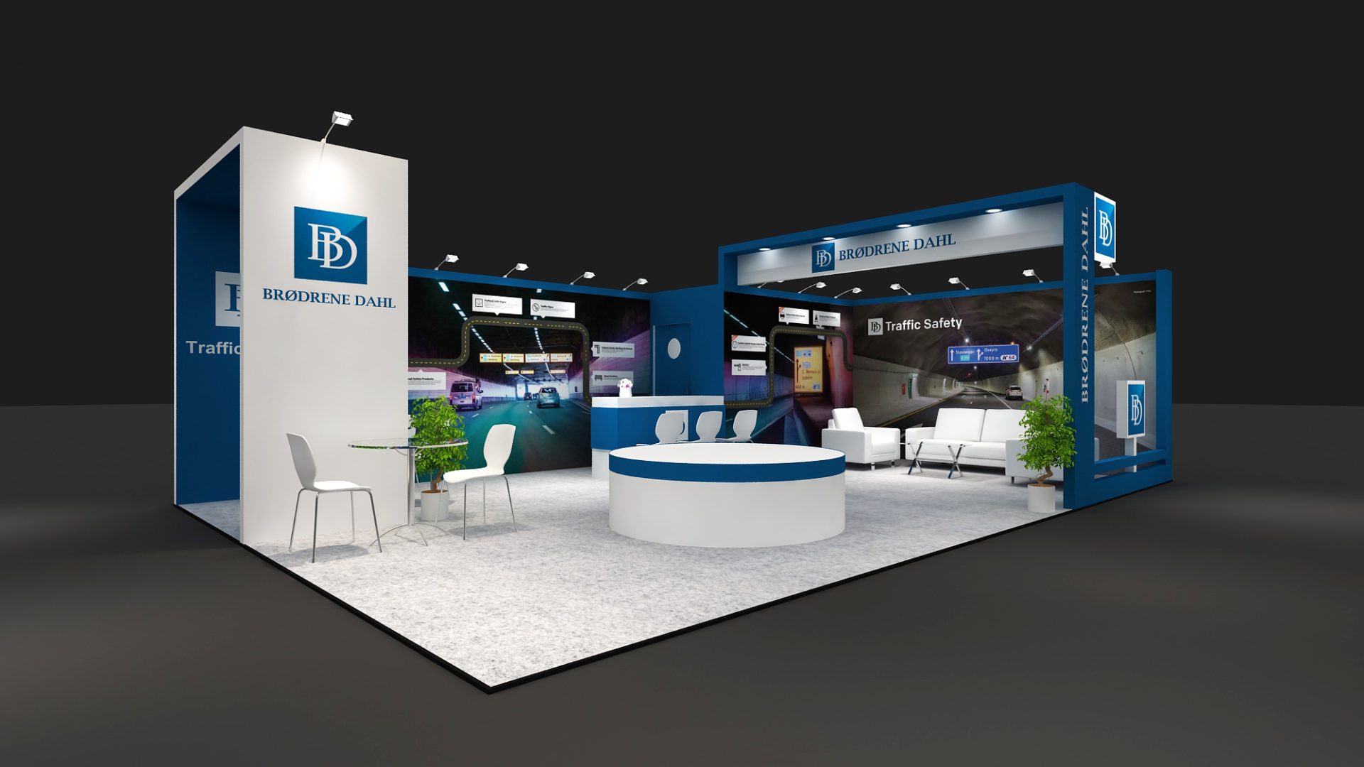 3D-visualisering av messestand for Brødrene Dahl med store bildevegger, sittegrupper, disk og skjermer.
