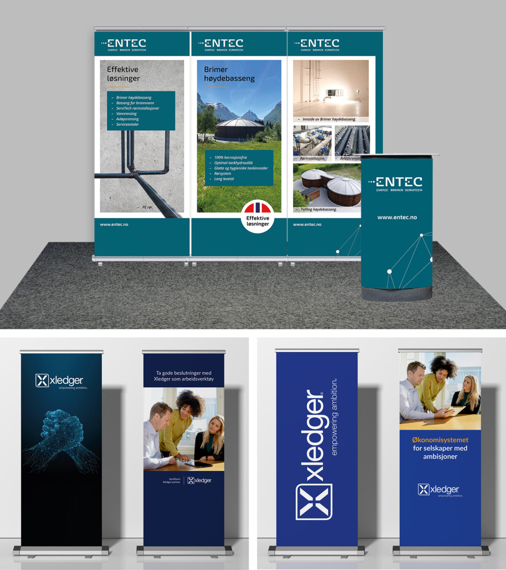 Eksempler på messemateriell med popup-vegg og disk for Entec, samt rollups designet for Xledger.