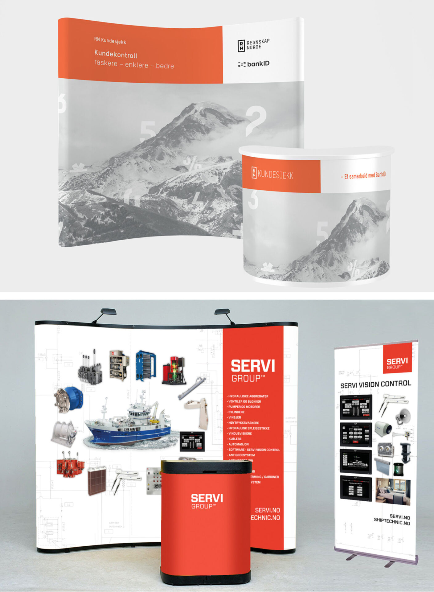 Eksempler på popup-stand, messevegg, disk og rollup designet for Regnskap Norge og Servi Group.