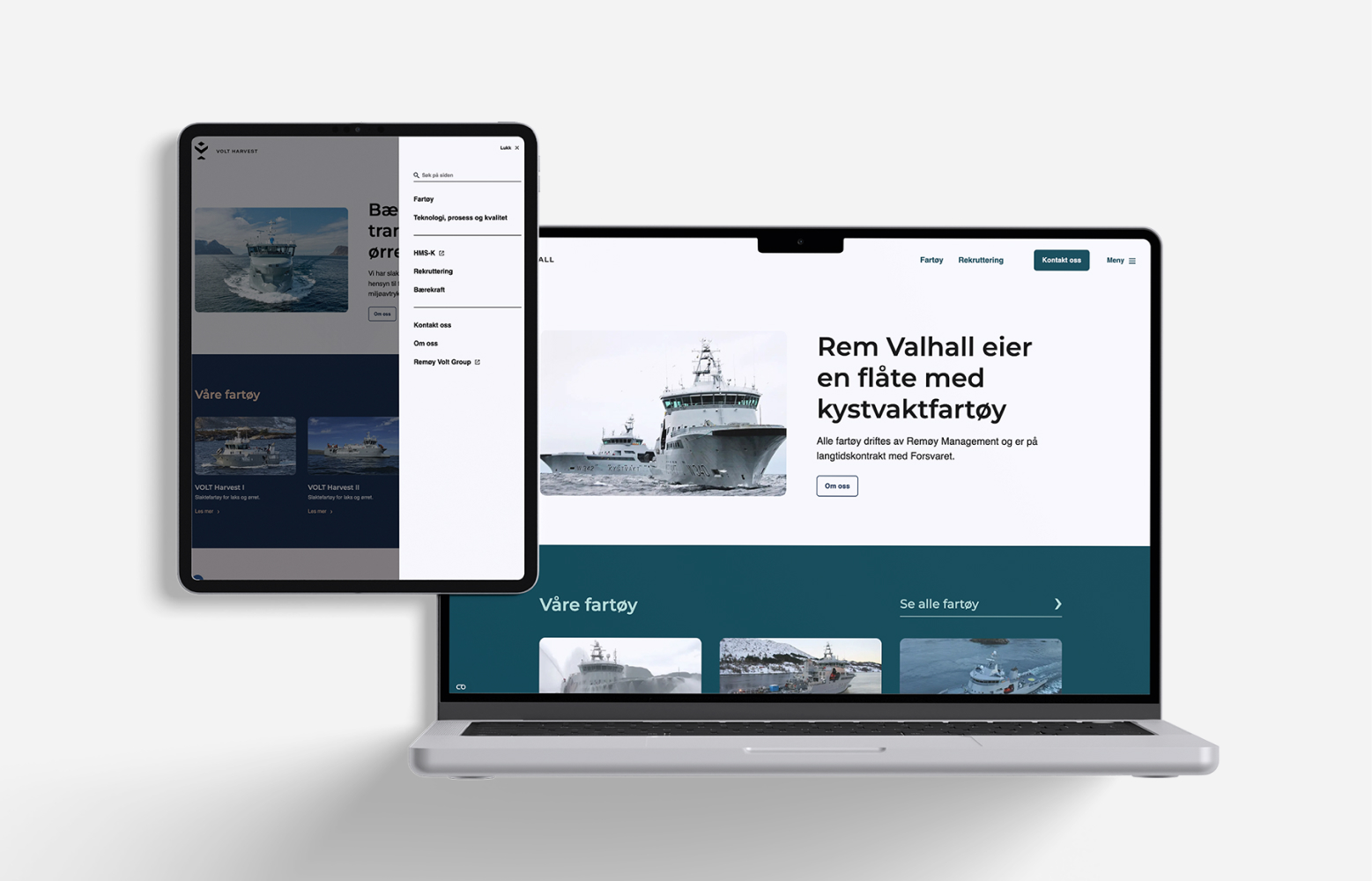 Nettsidene til Volt Harvest og Rem Valhall vist på nettbrett og PC.