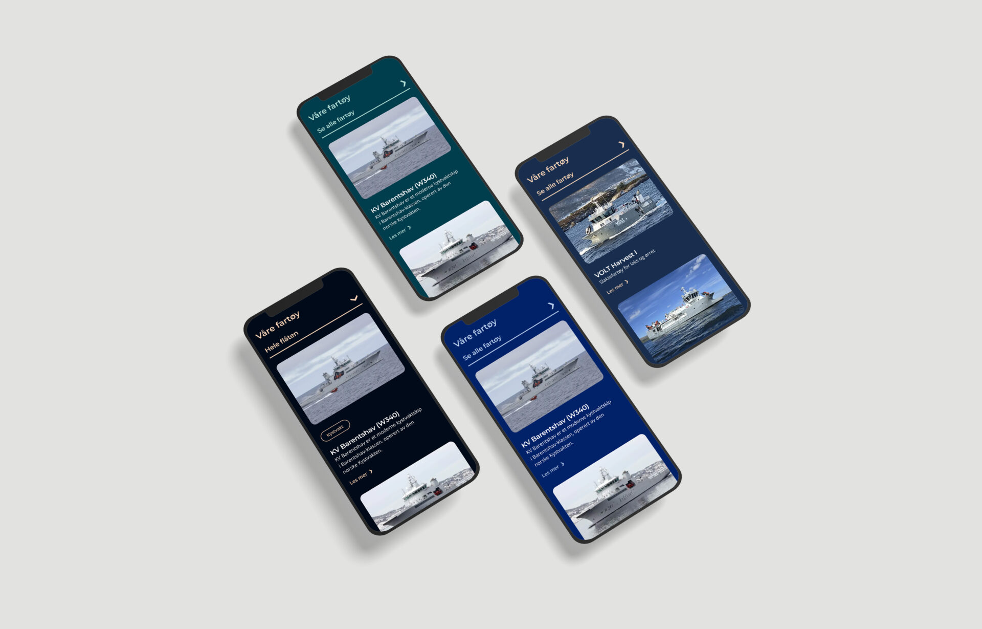 Konsernets fire nettsider vist på mobil med ulike profilfarger.