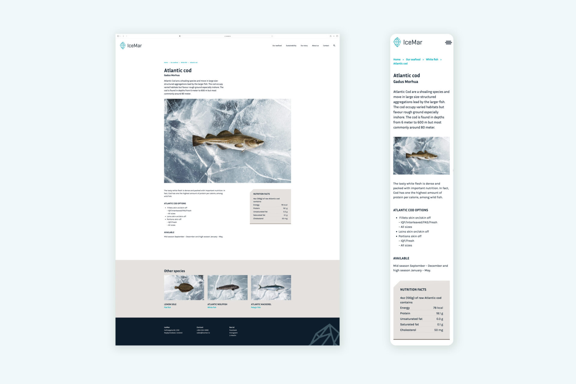 IceMars produktside for atlantisk torsk på datamaskin og mobil, med produktbilde og næringsinformasjon.